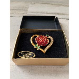 Genuine ruby set in pin with heart and flower NWT